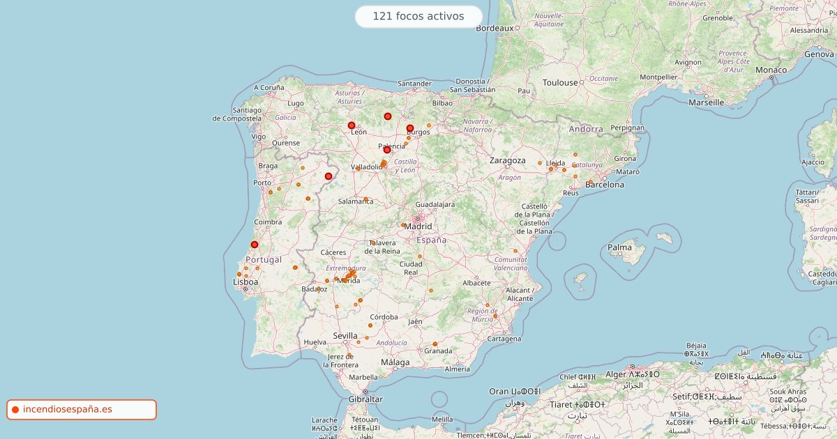Mapa de incendios forestales activos en España el 22 de octubre de 2026