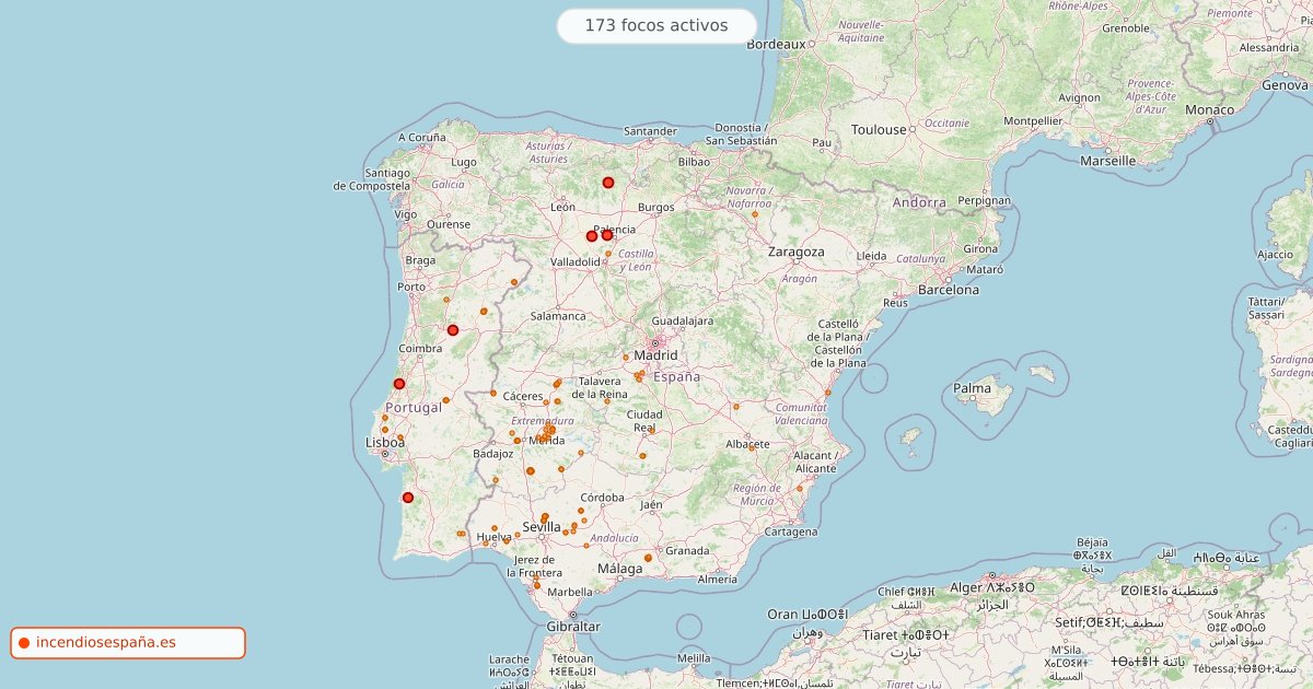 Mapa de incendios forestales activos en España el 23 de octubre de 2026