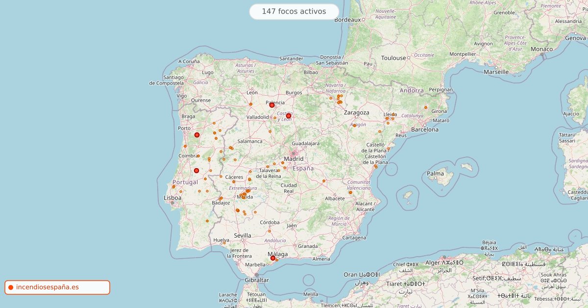 Mapa de incendios forestales activos en España el 24 de octubre de 2026