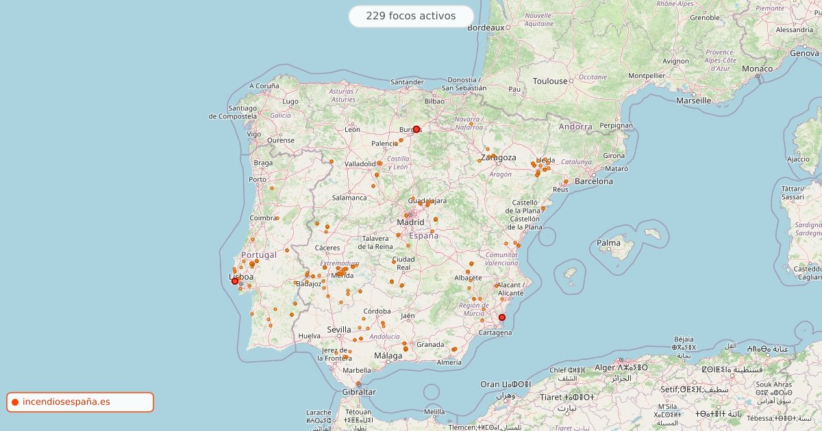 Mapa de incendios forestales activos en España el 29 de octubre de 2026